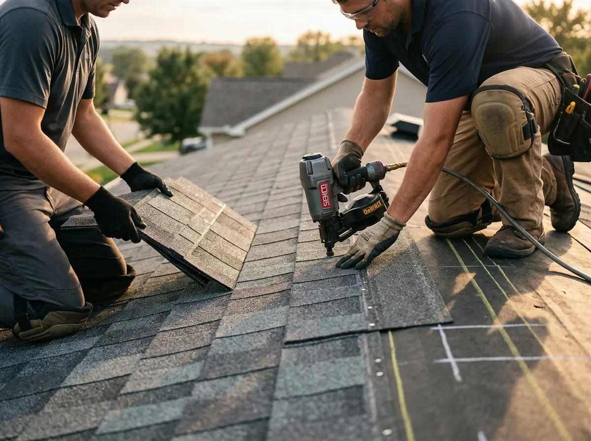 Professional roofer working on a residential roof in Gainesville